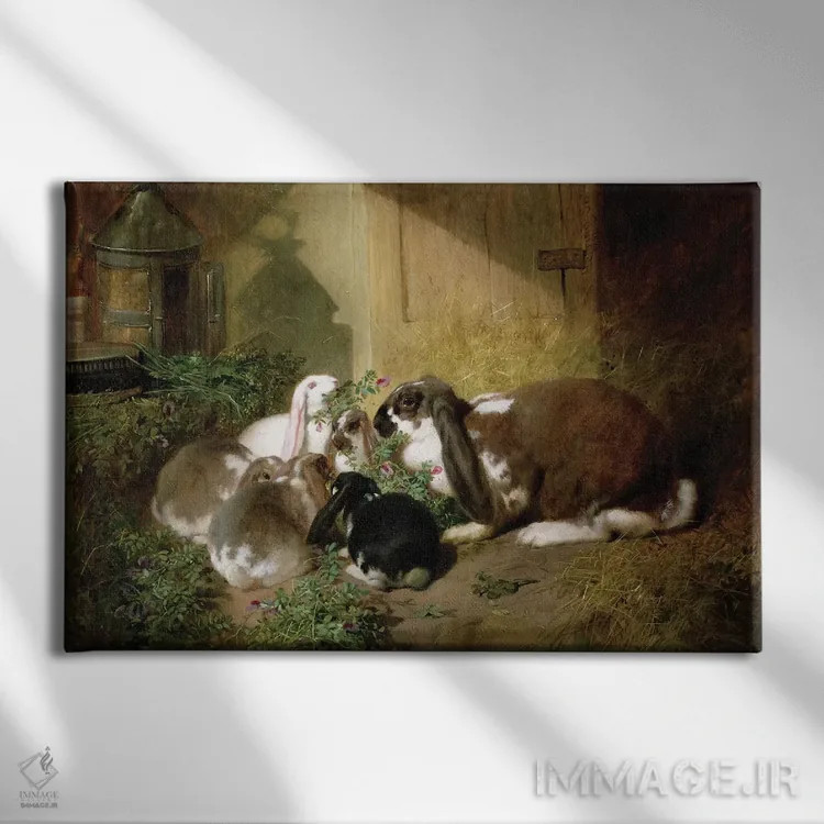 تابلو خرگوش ماده با گوش افتاده و بچههایش اثر جان فردریک هرینگ سینیور - نمای روبهرو روی دیوار