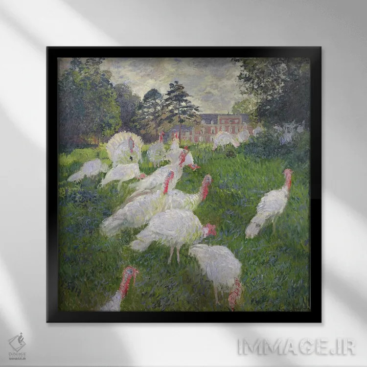 تابلو Montgeron, 1877,بوقلمونها در شاتو دو روتنبرگ، مونتژرون، ۱۸۷۷ اثر کلود مونه (نقاش معروف فرانسوی) - نمای قابدار مشکی
