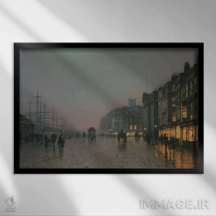 تابلو c.1870,اسکلههای لیورپول از واپینگ، حدود ۱۸۷۰ اثر جان اتکینسون گریمشا - نمای قابدار مشکی