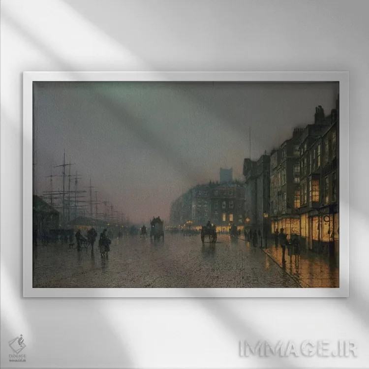 تابلو c.1870,اسکلههای لیورپول از واپینگ، حدود ۱۸۷۰ اثر جان اتکینسون گریمشا - نمای قابدار سفید