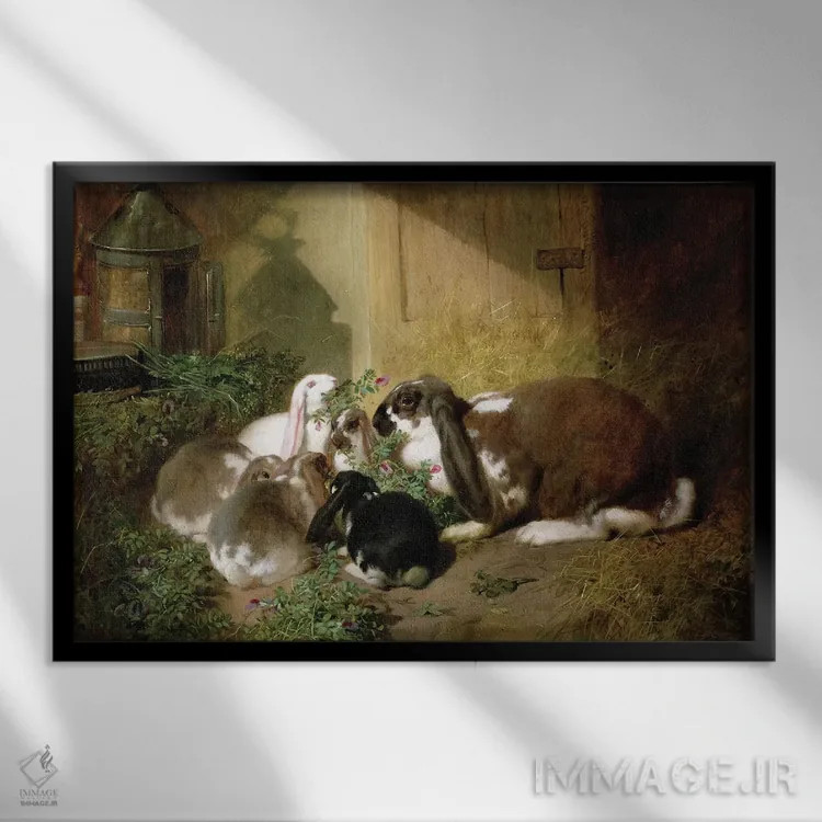 تابلو خرگوش ماده با گوش افتاده و بچههایش اثر جان فردریک هرینگ سینیور - نمای قابدار مشکی