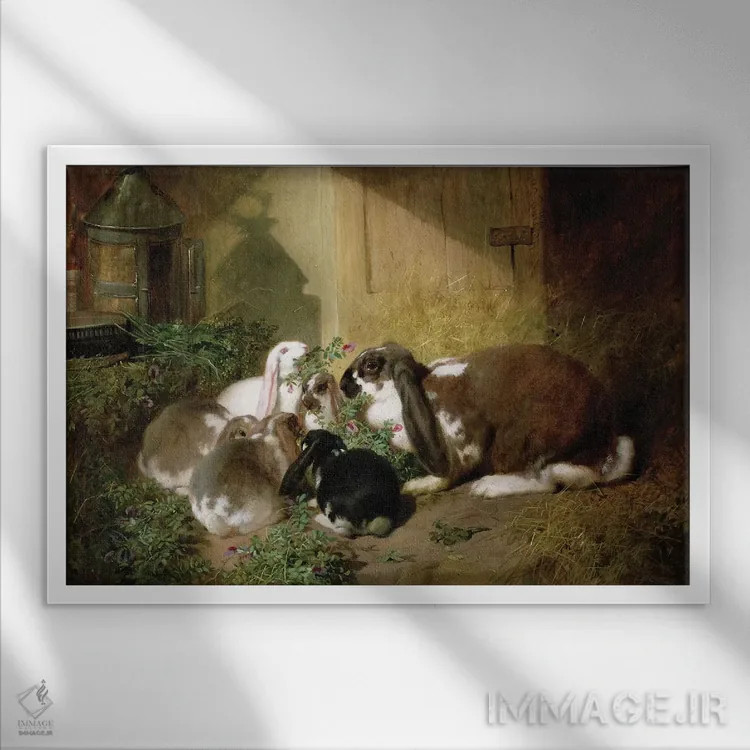 تابلو خرگوش ماده با گوش افتاده و بچههایش اثر جان فردریک هرینگ سینیور - نمای قابدار سفید