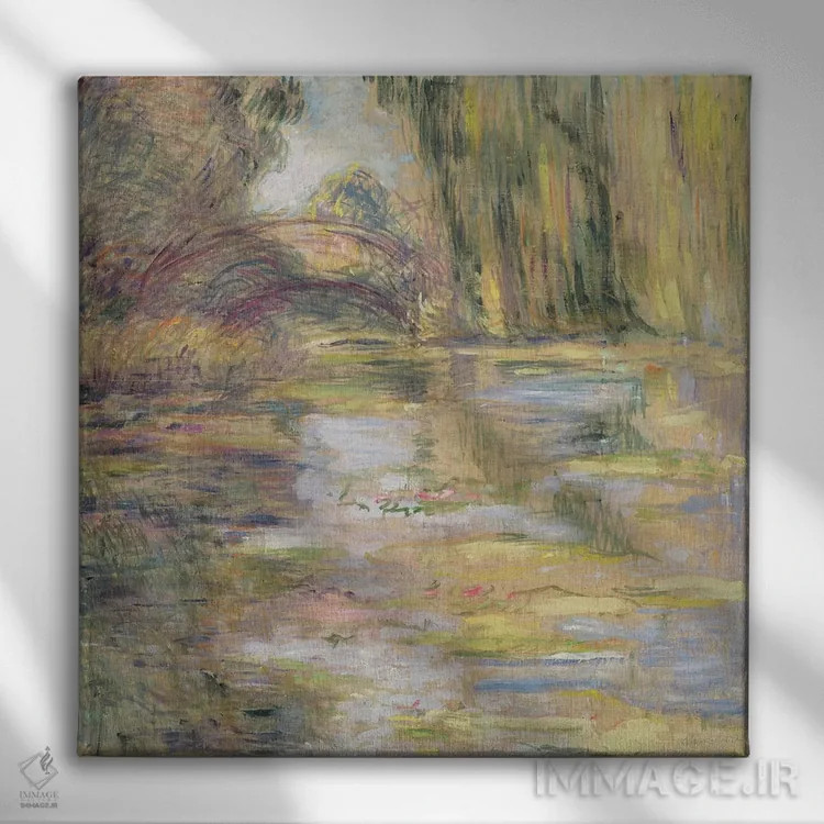 تابلو حوضچه نیلوفر آبی: پل اثر کلود مونه (نقاش معروف فرانسوی) - نمای روبهرو روی دیوار