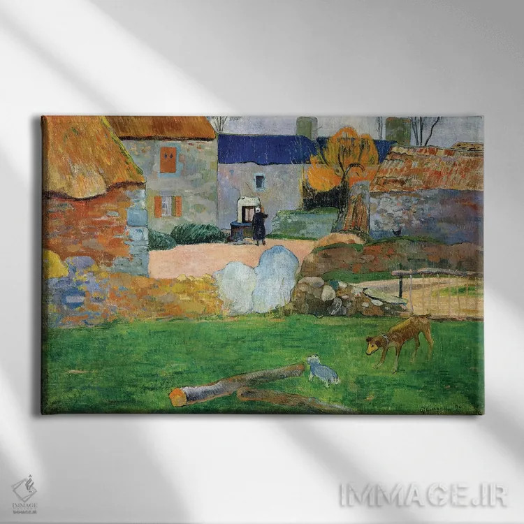 تابلو 1890,سقف آبی یا مزرعه پولدو، ۱۸۹۰ اثر پل گوگن - نمای روبهرو روی دیوار