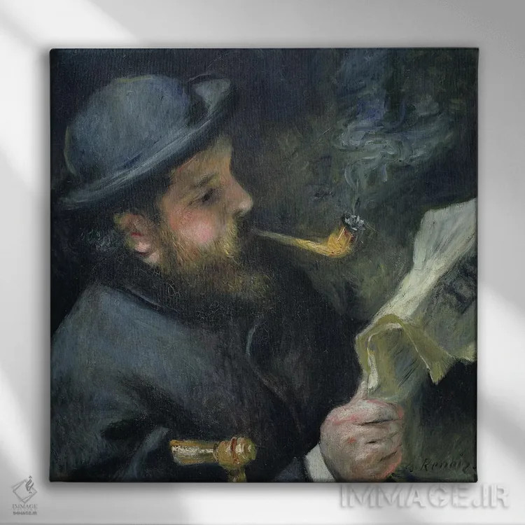 تابلو 1872,کلود مونه در حال خواندن روزنامه، ۱۸۷۲ اثر پیر-اوگوست رنوار - نمای روبهرو روی دیوار