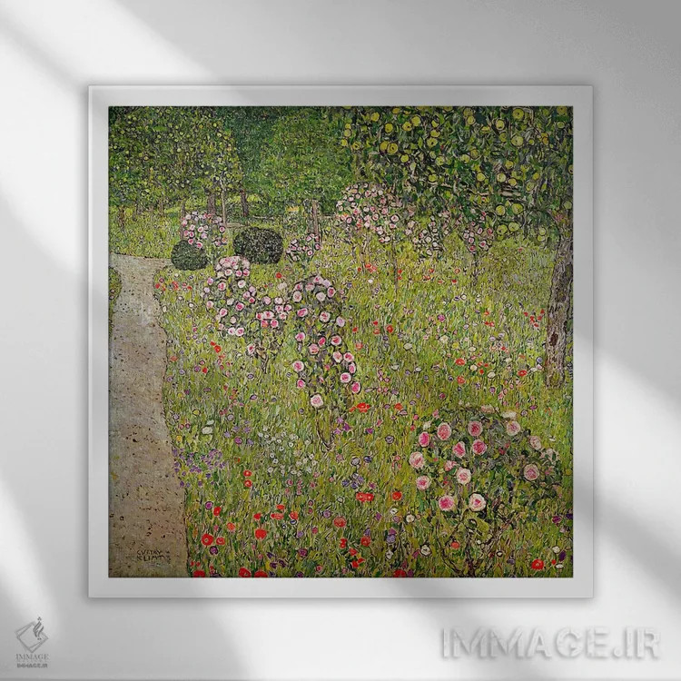 تابلو باغ میوه با گل رز اثر گوستاو کلیمت - نمای قابدار سفید