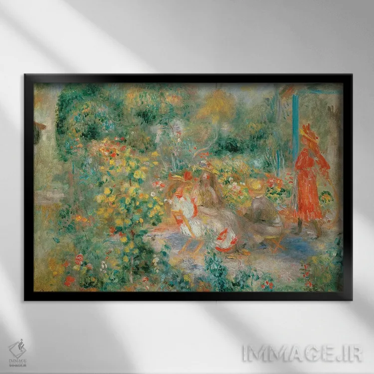 تابلو دختران جوان در باغی در مونمارتر، ۱۸۹۳–۱۸۹۵ اثر پیر-اوگوست رنوار - نمای قابدار مشکی