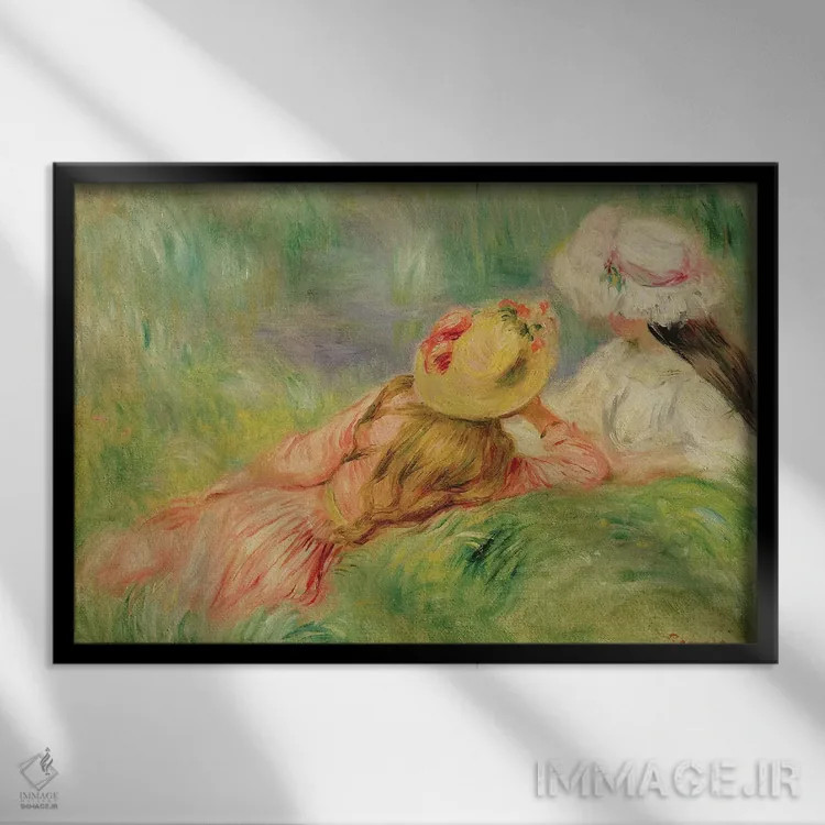 تابلو دختران جوان در کنار رودخانه اثر پیر-اوگوست رنوار - نمای قابدار مشکی