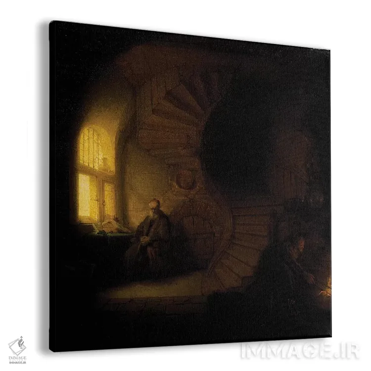 تابلو فیلسوفی در حال تفکر اثر رمبرانت فان رَین (نقاش بزرگ هلندی) - نمای پرسپکتیو محصول