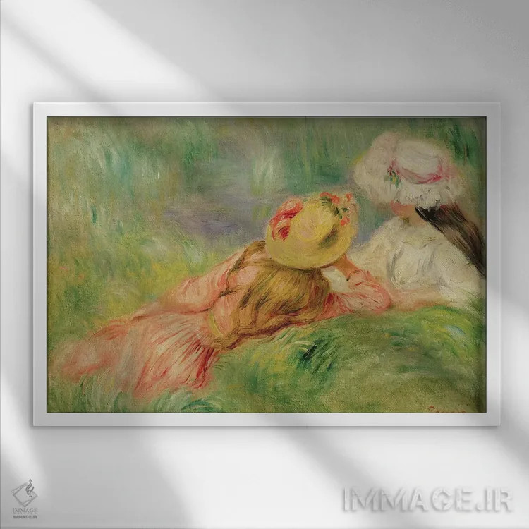 تابلو دختران جوان در کنار رودخانه اثر پیر-اوگوست رنوار - نمای قابدار سفید
