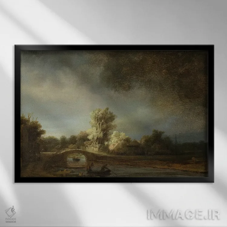 تابلو منظرهای با پل سنگی، حدود ۱۶۳۸ اثر رمبرانت فان رَین (نقاش بزرگ هلندی) - نمای قابدار مشکی
