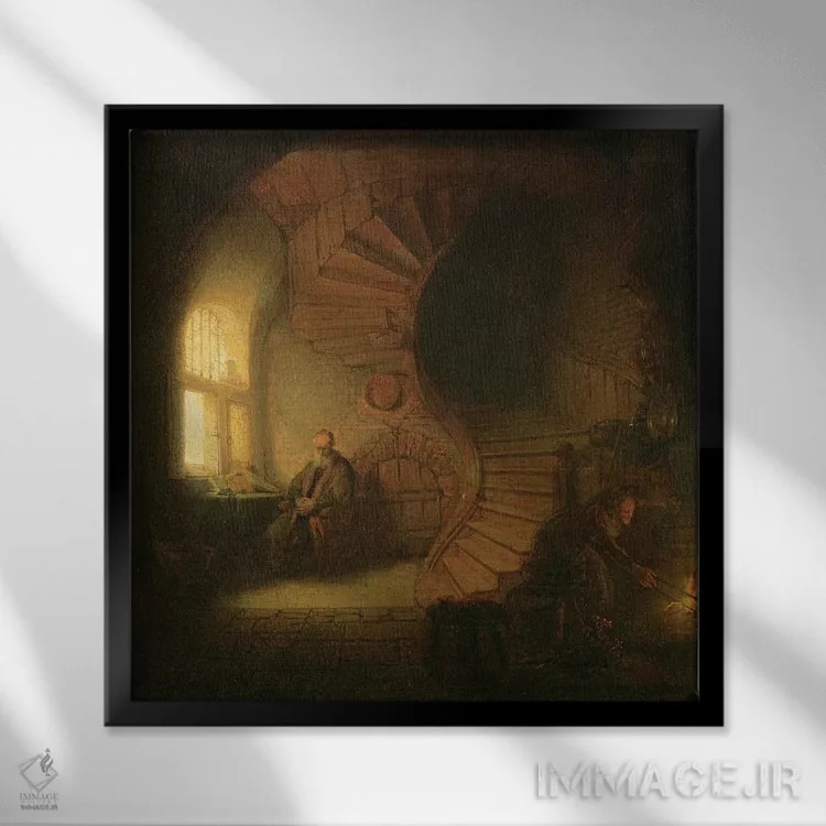 تابلو فیلسوف در حال تفکر، ۱۶۳۲ اثر رمبرانت فان رَین (نقاش بزرگ هلندی) - نمای قابدار مشکی