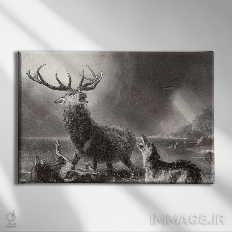 تابلو گوزن در محاصره اثر سر ادوین لندسییر (نقاش انگلیسی) - نمای روبهرو روی دیوار