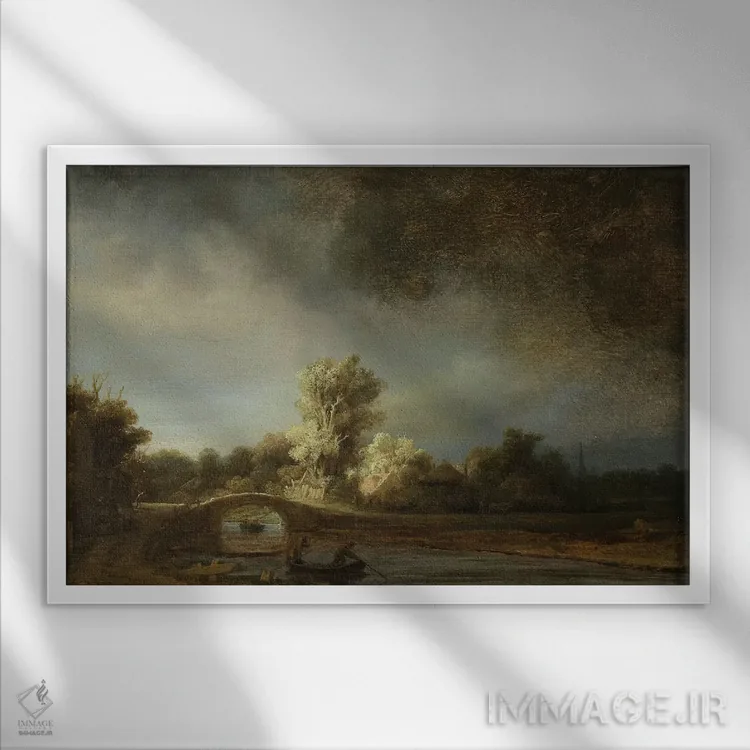 تابلو منظرهای با پل سنگی، حدود ۱۶۳۸ اثر رمبرانت فان رَین (نقاش بزرگ هلندی) - نمای قابدار سفید