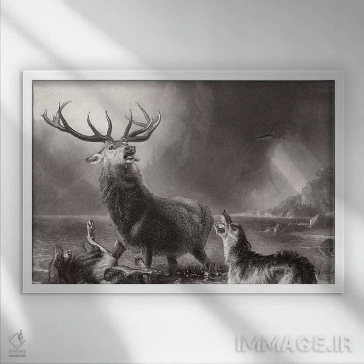 تابلو گوزن در محاصره اثر سر ادوین لندسییر (نقاش انگلیسی) - نمای قابدار سفید