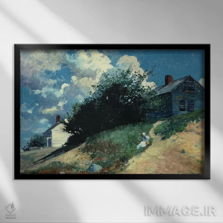 تابلو خانههایی بر روی تپه، ۱۸۷۹ اثر وینسلو هومر - نمای قابدار مشکی