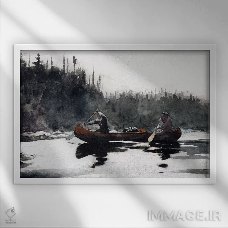 تابلو راهنمایان در حال عبور از آبشارهای تند، ۱۸۹۵ اثر وینسلو هومر - نمای قابدار سفید