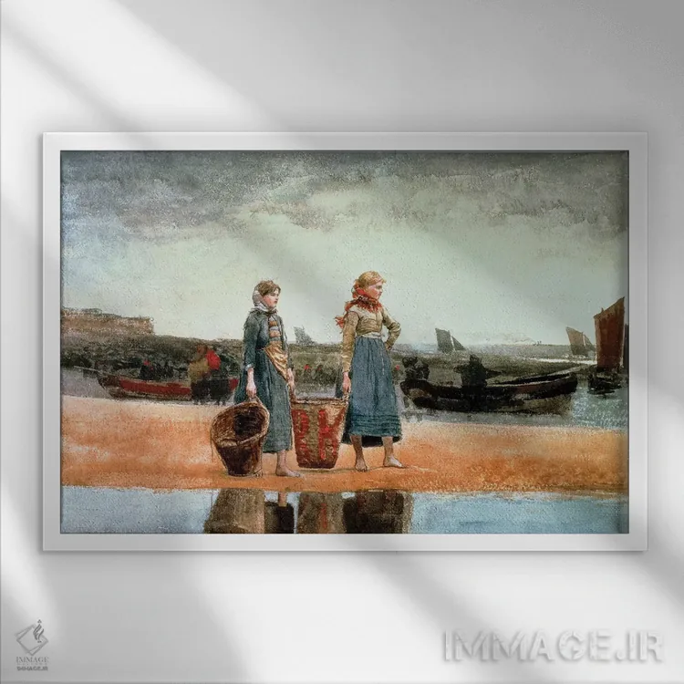 تابلو دو دختر در ساحل، تاینموت، ۱۸۹۱ اثر وینسلو هومر - نمای قابدار سفید