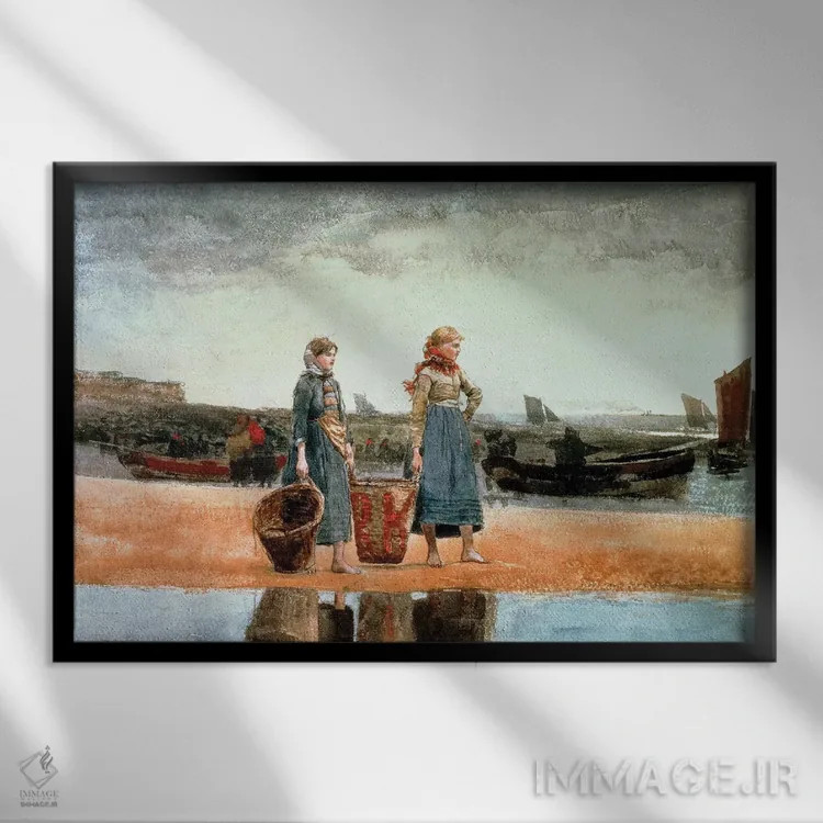 تابلو دو دختر در ساحل، تاینموت، ۱۸۹۱ اثر وینسلو هومر - نمای قابدار مشکی