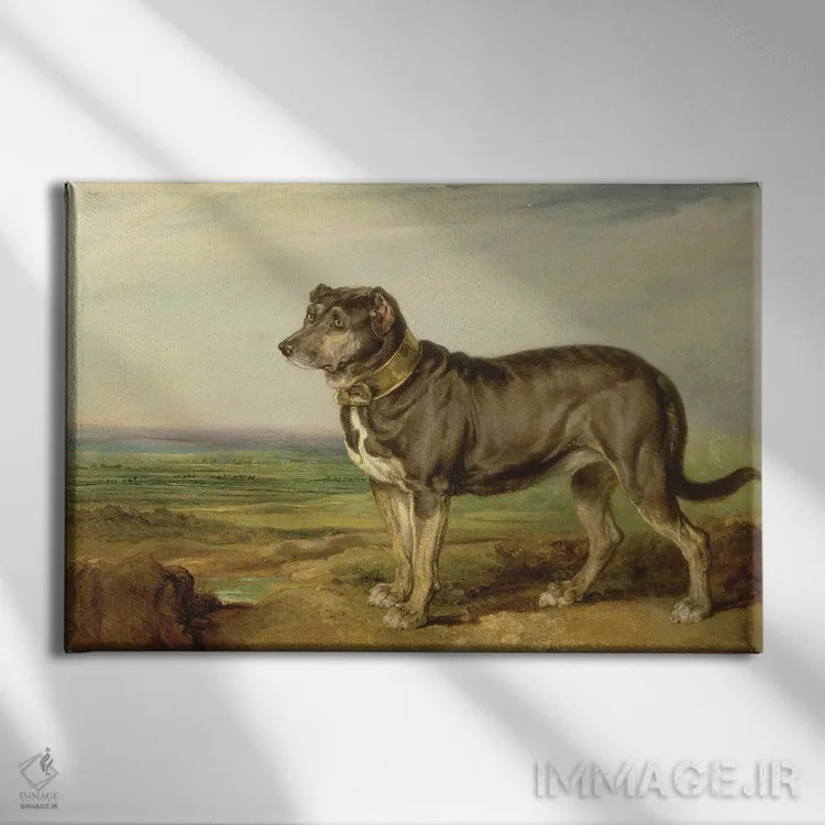 تابلو پرترهٔ "ویک"، سگ شکاری اسپانیایی، حدود ۱۸۱۸-۲۰ اثر جیمز وارد - نمای روبهرو روی دیوار