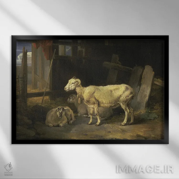 تابلو گوسفند مادهٔ هث و برهها، ۱۸۱۰ اثر جیمز وارد - نمای قابدار مشکی