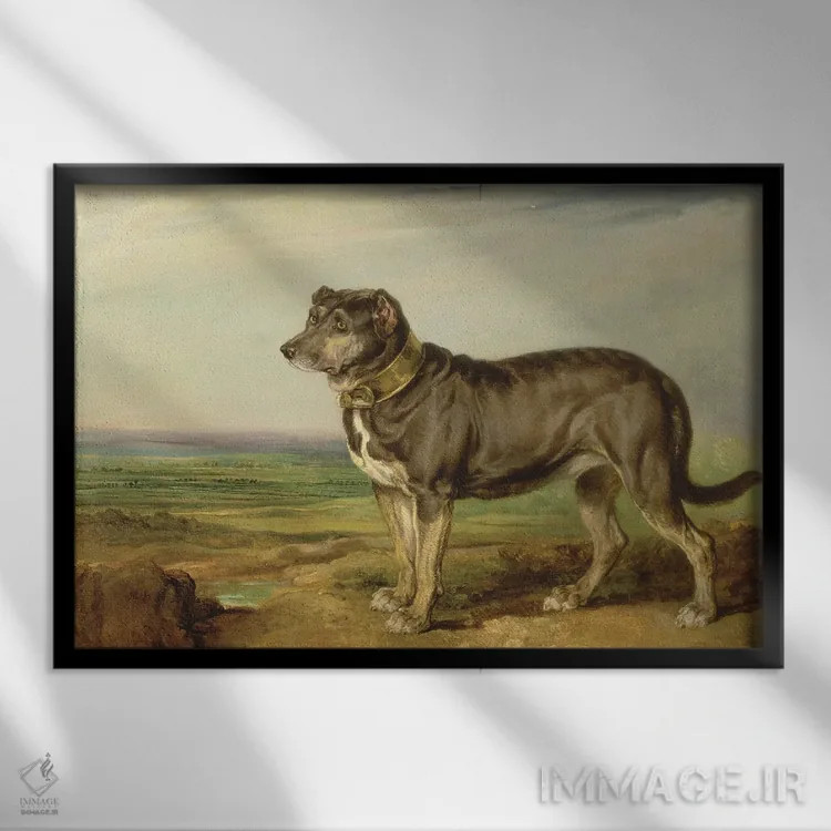 تابلو پرترهٔ "ویک"، سگ شکاری اسپانیایی، حدود ۱۸۱۸-۲۰ اثر جیمز وارد - نمای قابدار مشکی