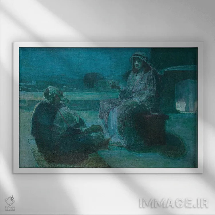 تابلو نیکودموس نزد مسیح میآید، ۱۹۲۷ اثر هنری اوسوا تانر - نمای قابدار سفید