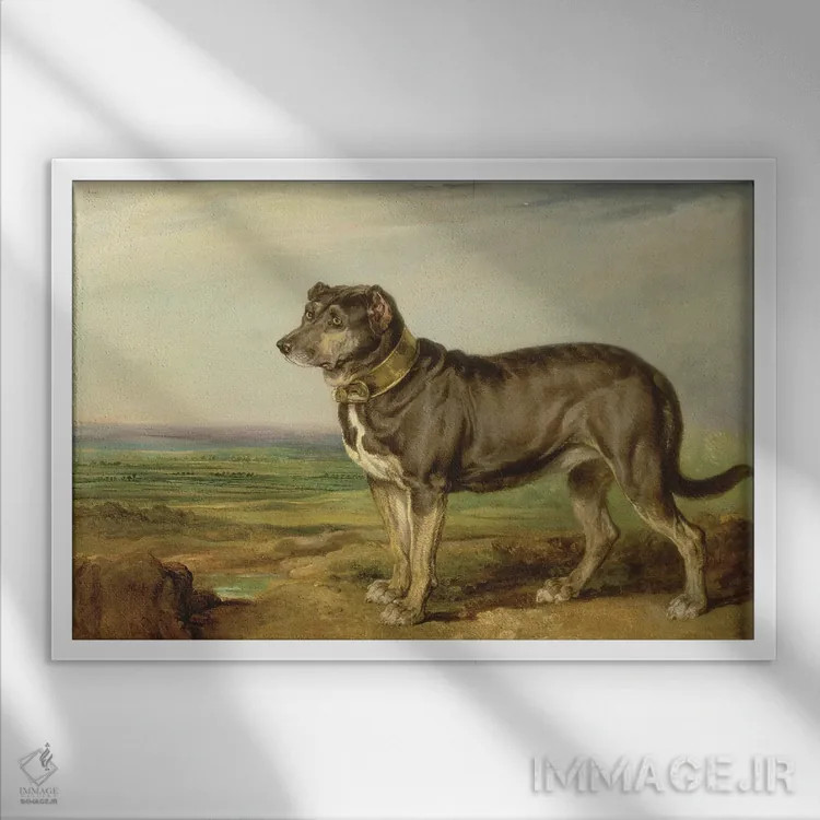 تابلو پرترهٔ "ویک"، سگ شکاری اسپانیایی، حدود ۱۸۱۸-۲۰ اثر جیمز وارد - نمای قابدار سفید