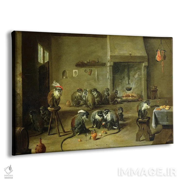 تابلو میمونها در آشپزخانه، حدود ۱۶۴۵ اثر دیوید تنیه جوان (نقاش باروک هلندی) - نمای پرسپکتیو محصول