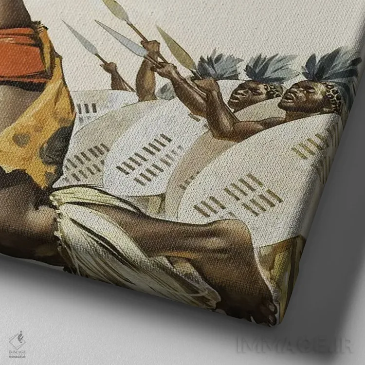 تابلو جنگجویان آفریقایی اثر انگوس مکبراید (تصویرگر بریتانیایی) - نمای نزدیک بافت بوم