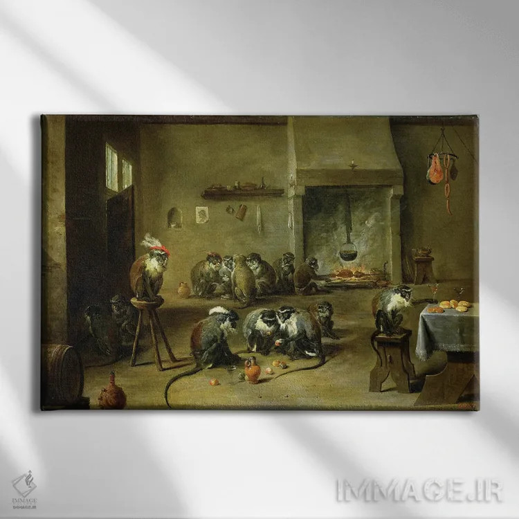 تابلو میمونها در آشپزخانه، حدود ۱۶۴۵ اثر دیوید تنیه جوان (نقاش باروک هلندی) - نمای روبهرو روی دیوار