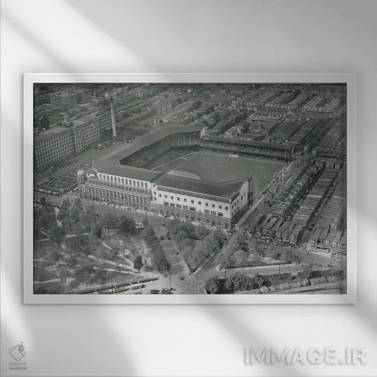 تابلو نمای هوایی از ورزشگاه شیب، بازی اول، سری جهانی، اول اکتبر ۱۹۳۰ اثر عکاس آمریکایی (عنوان عمومی) - نمای قابدار سفید