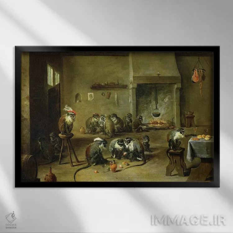 تابلو میمونها در آشپزخانه، حدود ۱۶۴۵ اثر دیوید تنیه جوان (نقاش باروک هلندی) - نمای قابدار مشکی