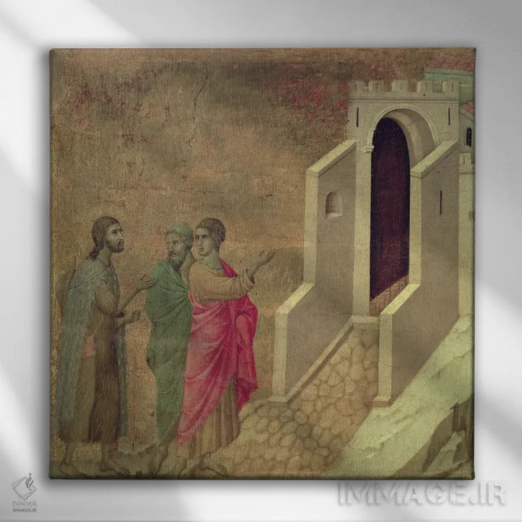 تابلو ظهور مسیح در راه عِمائوس، پشت محراب ماستا، ۱۳۰۸-۱۱ اثر دوچو دی بونینسنیه (نقاش ایتالیایی قرون وسطی) - نمای روبهرو روی دیوار