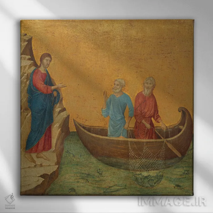 تابلو دعوت حواریون پطرس و اندریاس، پشت محراب ماستا، ۱۳۰۸-۱۱ اثر دوچو دی بونینسنیه (نقاش ایتالیایی قرون وسطی) - نمای روبهرو روی دیوار