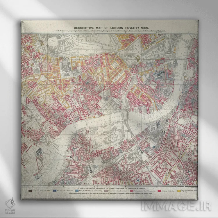 تابلو صفحه جنوبغربی، نقشهٔ توصیفی فقر لندن، ۱۸۸۹ اثر مکتب انگلیسی (سبک یا جنبش هنری) - نمای روبهرو روی دیوار