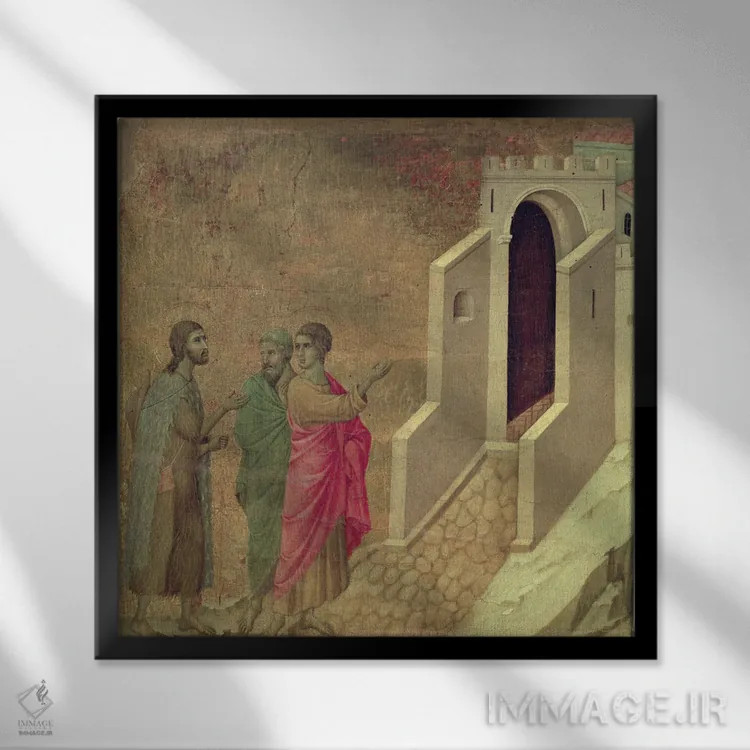 تابلو ظهور مسیح در راه عِمائوس، پشت محراب ماستا، ۱۳۰۸-۱۱ اثر دوچو دی بونینسنیه (نقاش ایتالیایی قرون وسطی) - نمای قابدار مشکی