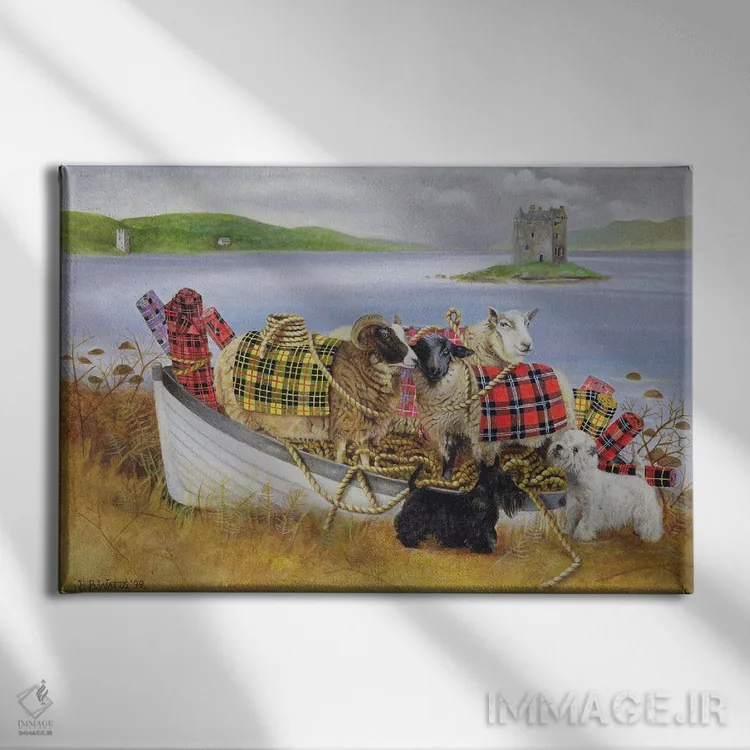 تابلو گوسفند با شال شطرنجی، ۱۹۹۹ اثر ای. بی. واتس - نمای روبهرو روی دیوار