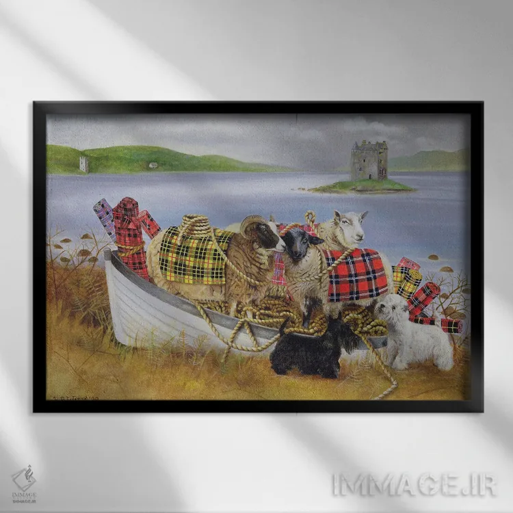 تابلو گوسفند با شال شطرنجی، ۱۹۹۹ اثر ای. بی. واتس - نمای قابدار مشکی