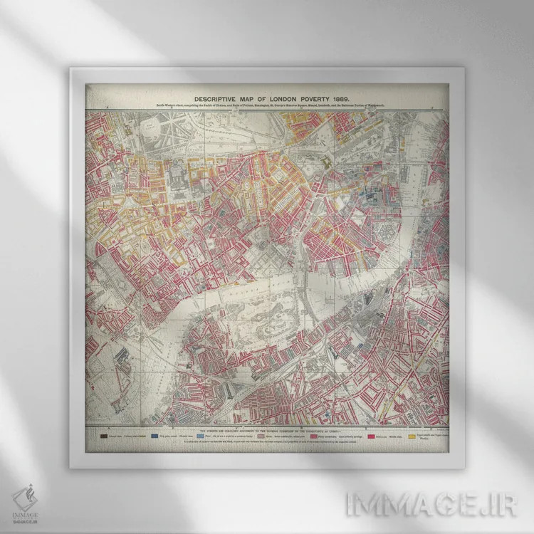 تابلو صفحه جنوبغربی، نقشهٔ توصیفی فقر لندن، ۱۸۸۹ اثر مکتب انگلیسی (سبک یا جنبش هنری) - نمای قابدار سفید