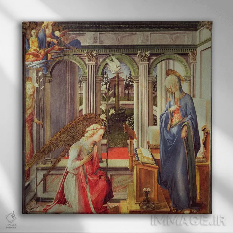 تابلو بشارت به مریم (موزه آلته پیناکوتک)، حدود ۱۴۴۳-۴۵ اثر فرا فیلیپو لیپی (هنرمند و نقاش ایتالیایی) - نمای روبهرو روی دیوار