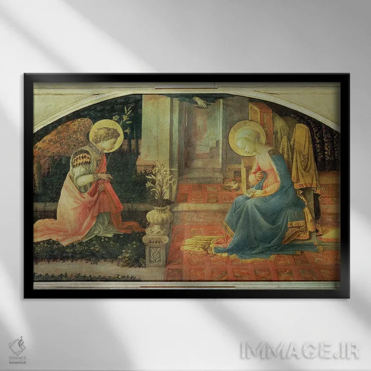 تابلو بشارت (نگارخانه ملی لندن)، حدود ۱۴۵۰-۵۳ اثر فرا فیلیپو لیپی (هنرمند و نقاش ایتالیایی) - نمای قابدار مشکی