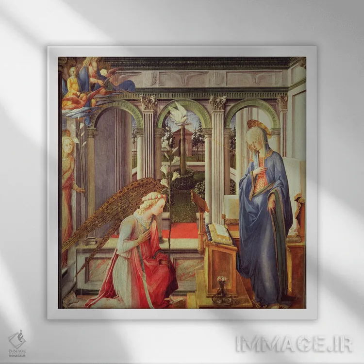 تابلو بشارت به مریم (موزه آلته پیناکوتک)، حدود ۱۴۴۳-۴۵ اثر فرا فیلیپو لیپی (هنرمند و نقاش ایتالیایی) - نمای قابدار سفید