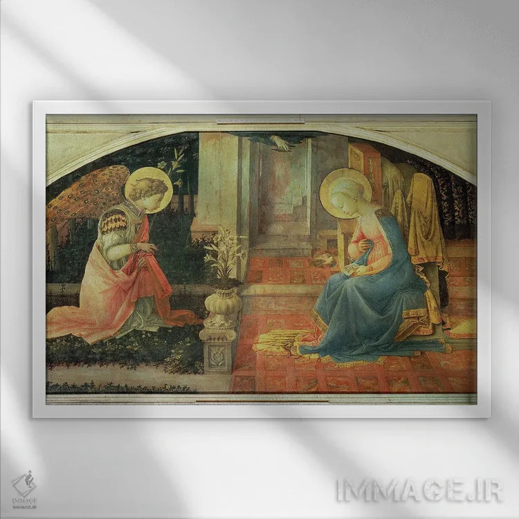 تابلو بشارت (نگارخانه ملی لندن)، حدود ۱۴۵۰-۵۳ اثر فرا فیلیپو لیپی (هنرمند و نقاش ایتالیایی) - نمای قابدار سفید