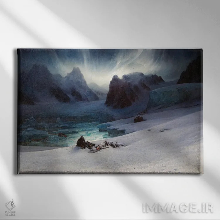 تابلو خلیج ماگدلنا، نمایی از شبهجزیره قبور، اسپیسبرگن شمالی با شفق قطبی، ۱۸۴۱ اثر فرانسوا اوگوست بیار (نقاش فرانسوی) - نمای روبهرو روی دیوار
