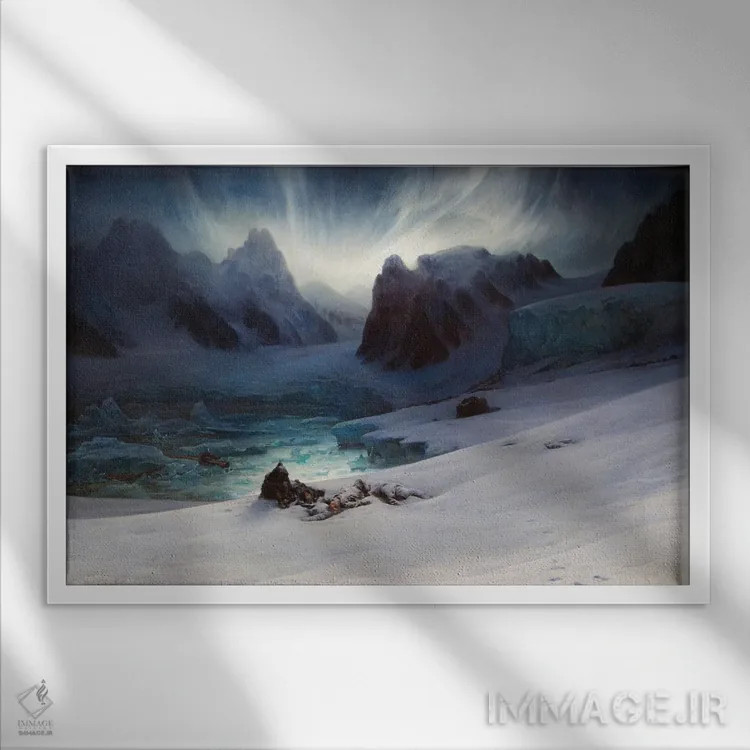 تابلو خلیج ماگدلنا، نمایی از شبهجزیره قبور، اسپیسبرگن شمالی با شفق قطبی، ۱۸۴۱ اثر فرانسوا اوگوست بیار (نقاش فرانسوی) - نمای قابدار سفید