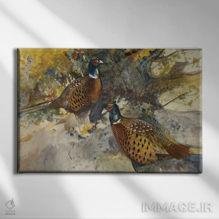 تابلو قرقاولهای نر زیر یک درخت راش اثر فرانک ساوتگیت - نمای روبهرو روی دیوار