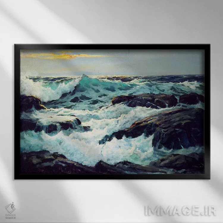 تابلو موجسواری و دماغهها اثر فردریک جاد واو (نقاش مناظر دریایی آمریکایی) - نمای قابدار مشکی