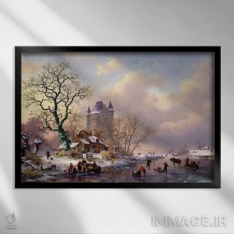 تابلو منظره زمستانی با قلعه اثر فردریک ماریانوس کروسمان - نمای قابدار مشکی