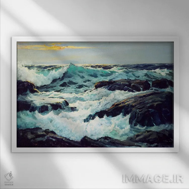 تابلو موجسواری و دماغهها اثر فردریک جاد واو (نقاش مناظر دریایی آمریکایی) - نمای قابدار سفید